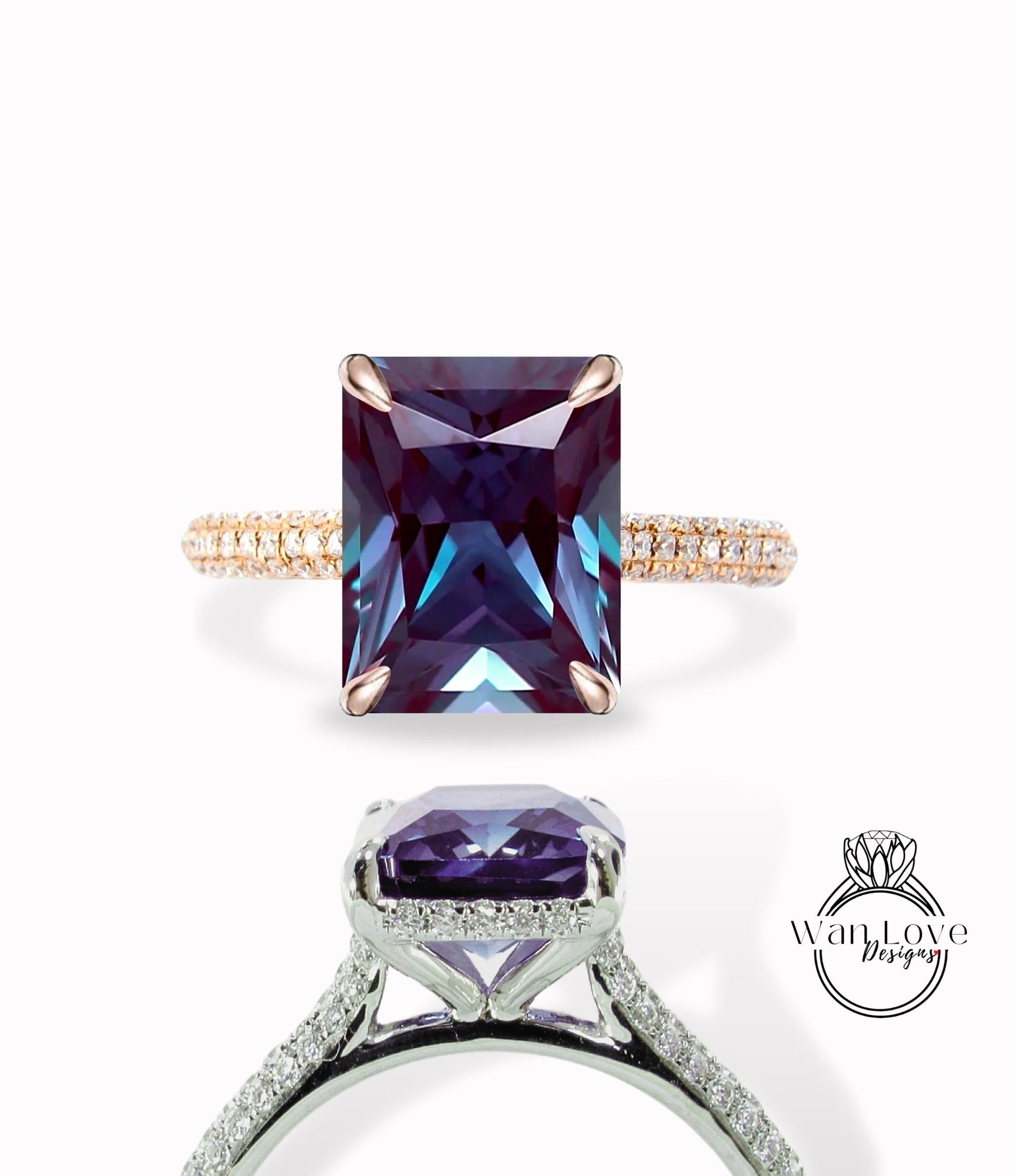 Alexandrite & Diamond Engagement Ring Emerald Radiant Celebrity 3 sided band shank Custom,Wedding,14k 18k White Rose Yellow Gold,Platinum Wan Love Designs
