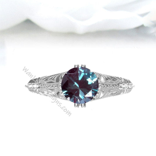 Alexandrite & Diamond Engraved Antique Engraving Round Engagement Ring, Custom-14k 18k White Yellow Rose Gold-Platinum-Wedding-Anniversary Wan Love Designs
