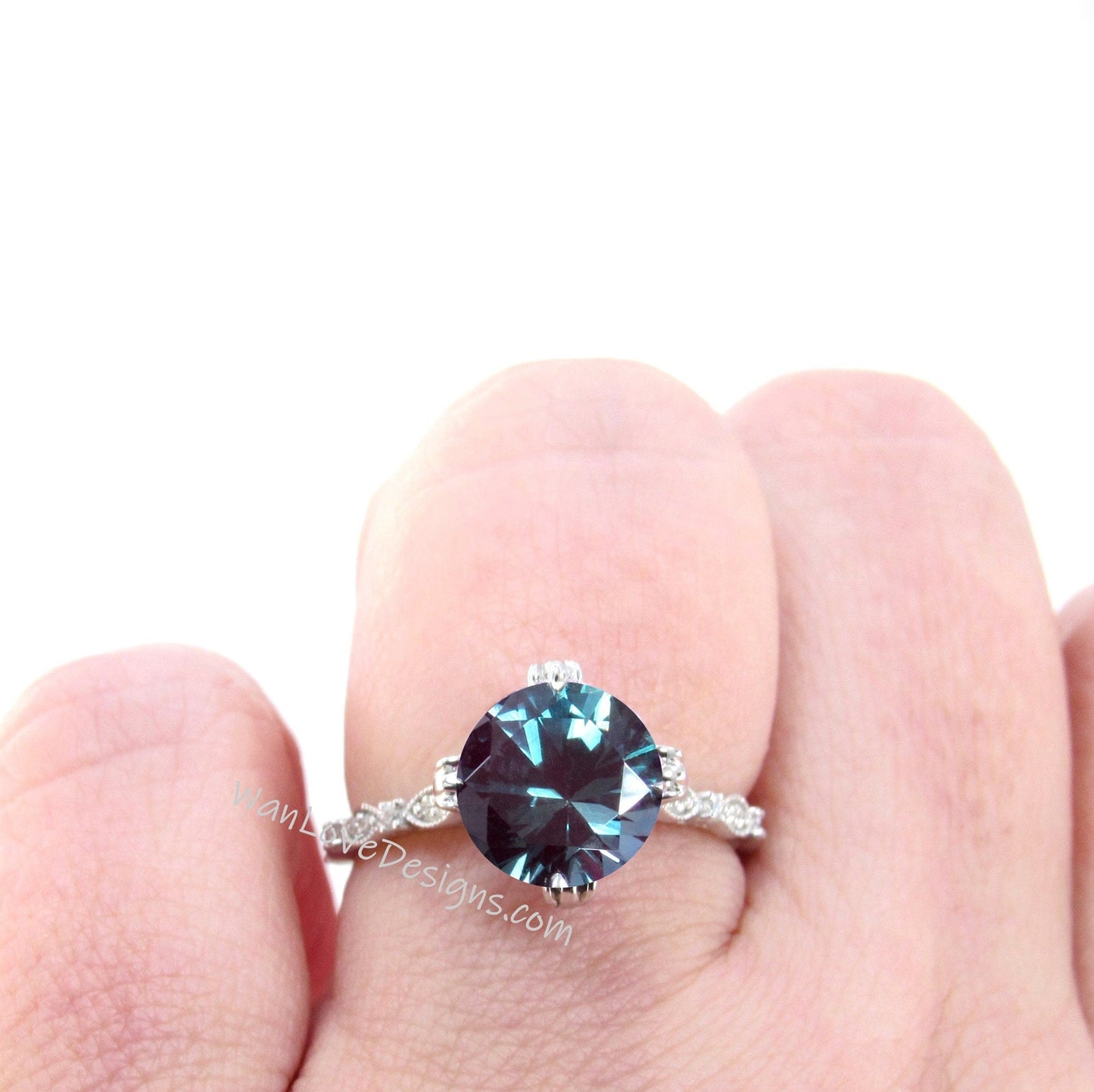 Alexandrite & Diamond Milgrain Antique Scalloped Triple Fishtail prong Round Engagement Ring, Custom-Wedding-14kt 18kt Gold-Platinum Wan Love Designs