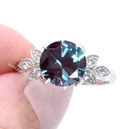 Alexandrite Diamond Milgrain Leaf Engagement Ring, Nature Antique Vintage style Round,Custom Wedding, 14kt 18kt Gold,Platinum,WanLoveDesigns Wan Love Designs