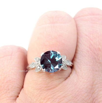 Alexandrite Diamond Milgrain Leaf Engagement Ring, Nature Antique Vintage style Round,Custom Wedding, 14kt 18kt Gold,Platinum,WanLoveDesigns Wan Love Designs