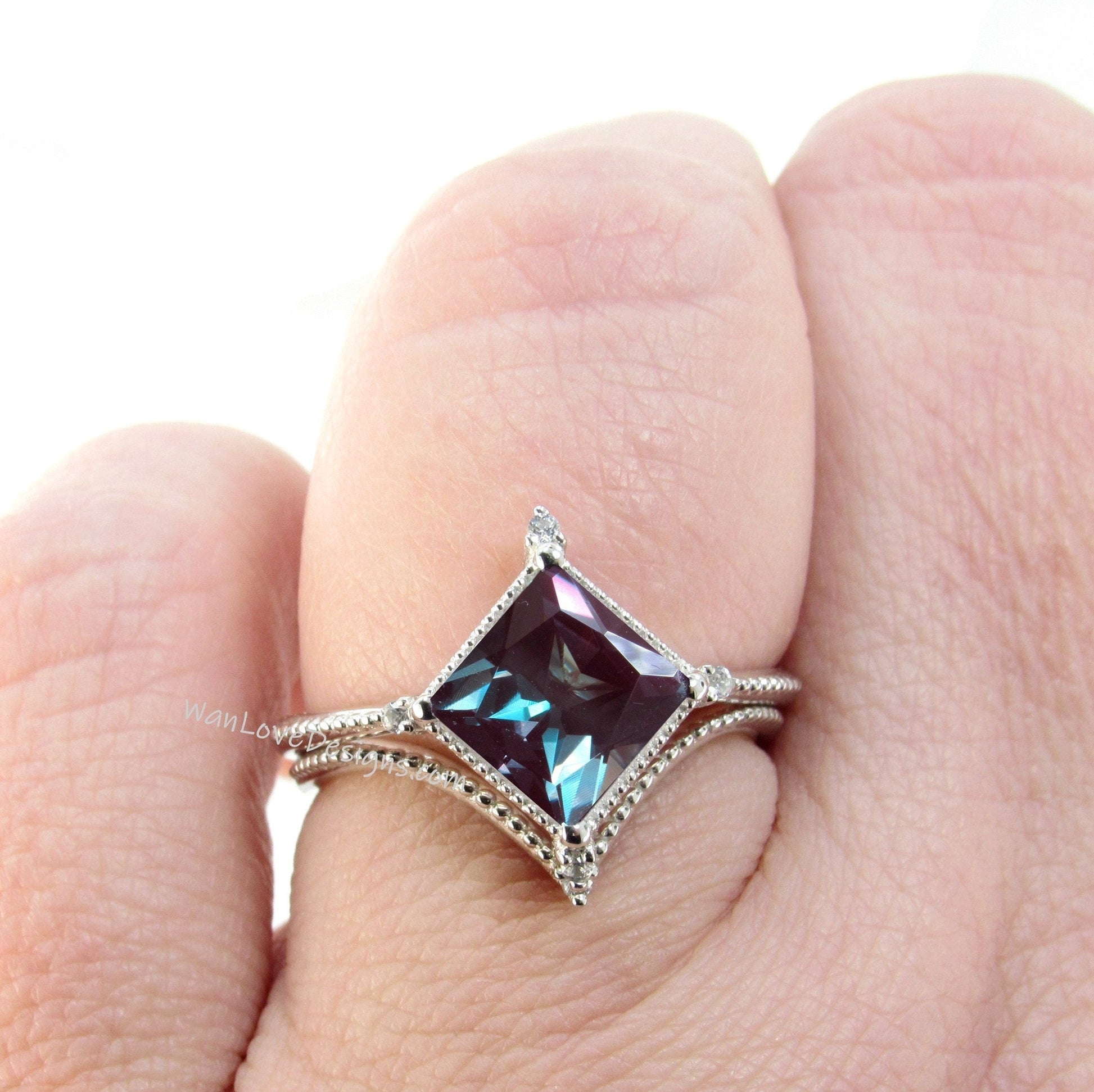 Alexandrite & Diamond Milgrain Princess Kite NSEW Engagement Ring Set, V Chevron Wedding Band, Custom, 14kt 18kt Gold, Platinum Wan Love Designs