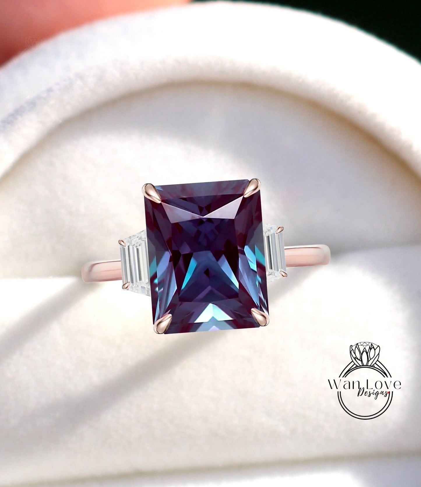 Alexandrite Diamond Moissanite Engagement Ring Emerald cut 14K/18K rose gold ring vintage trapezoid art deco ring wedding Bridal Anniversary gift Wan Love Designs