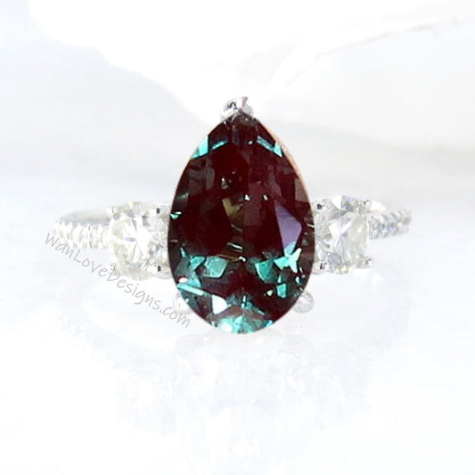 Alexandrite Diamond Moissanite Pear Round 3 Stone Minimalist Dainty Engagement Ring Wedding Anniversary Gift Wan Love Designs