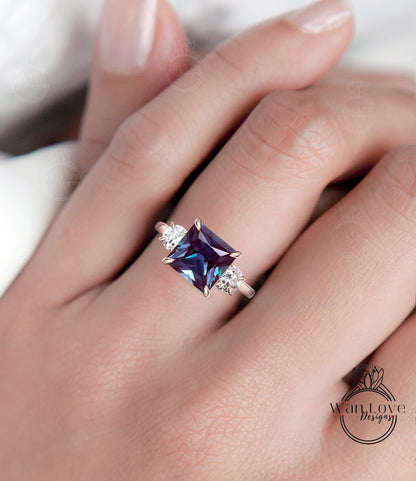 Alexandrite & Diamond Moissanite Princess Round 3 Stone Engagement Ring, 14kt 18kt Gold, Platinum, Anniversary, Wedding, WanLoveDesigns Wan Love Designs