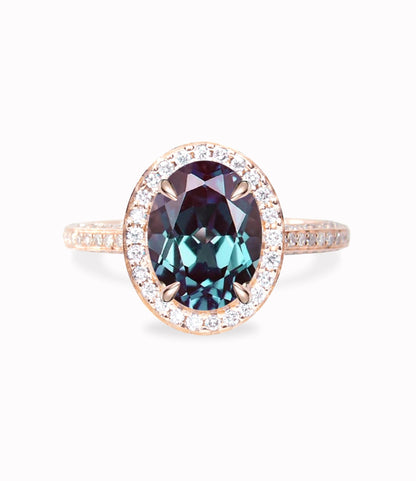 Alexandrite & Diamond Oval Halo 3 sided Engagement Ring, 14k 18k White Yellow Rose Gold, Platinum, Wedding, Anniversary Gift Wan Love Designs