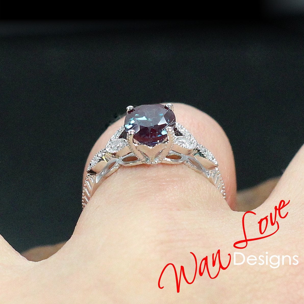 Alexandrite Diamond Oval Leaf Milgrain Engraved Engagement Ring Set, Contoured Leaf Wedding Band, Custom, Wedding, Anniversary Wan Love Designs