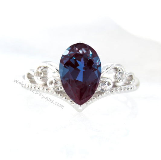 Alexandrite Diamond Pear Crown Tiara Royal Princess V Contoured Engagement Ring, Custom, 14kt 18kt Gold, Platinum, WanLoveDesigns Wan Love Designs