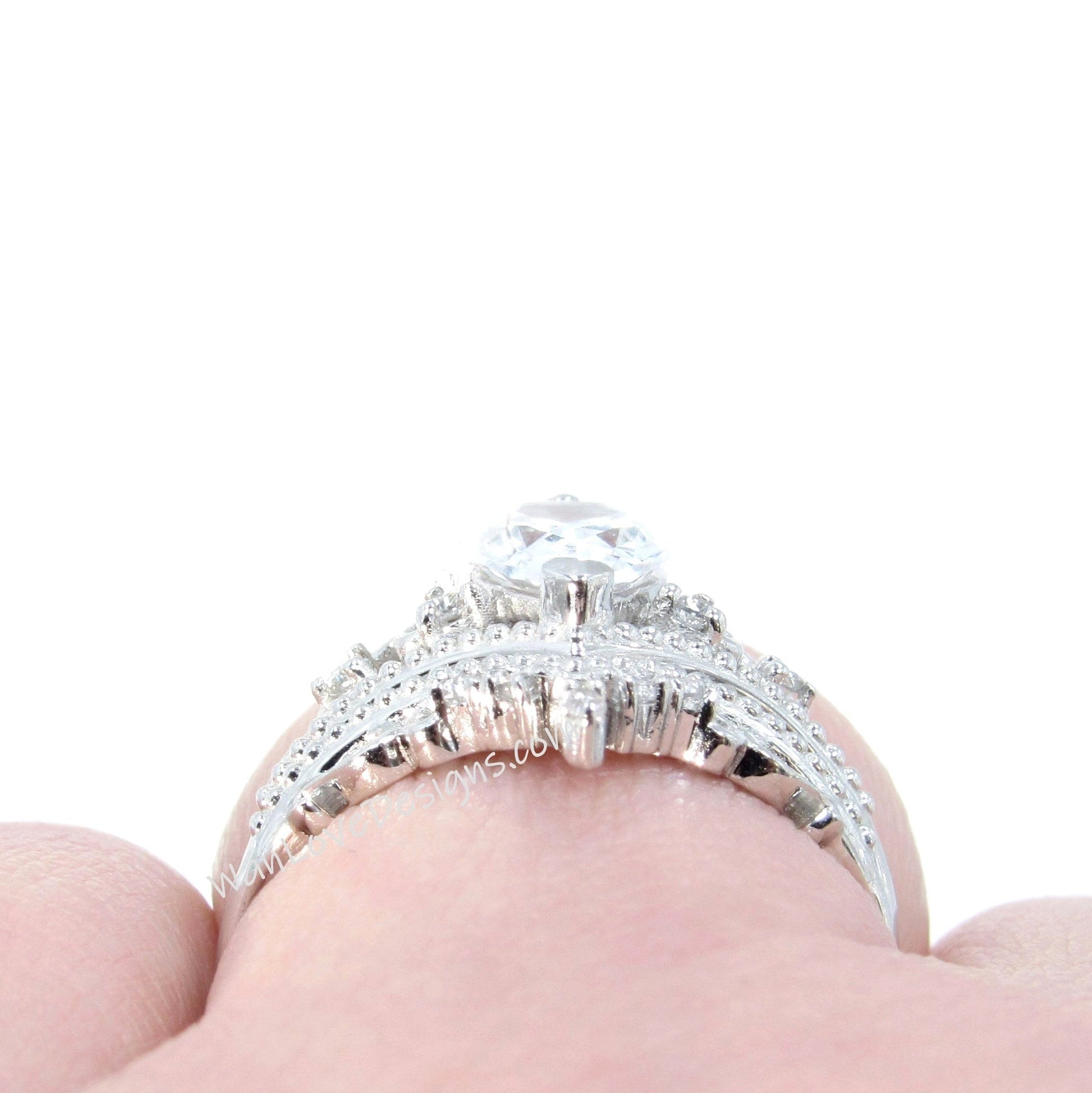 Alexandrite Diamond Pear Engagement Ring V Crown Tiara Wedding Band Set Royal Princess Custom 14k White Gold Anniversary Bridal Ring set Wan Love Designs