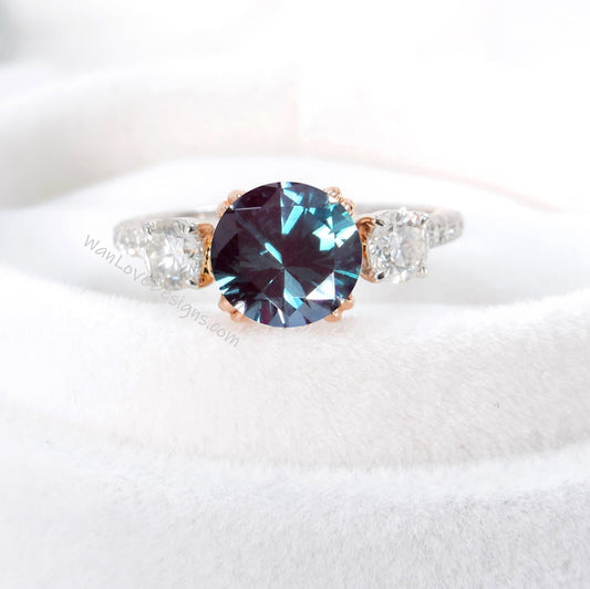 Alexandrite Diamond Ring, Three Stone Moissanite Ring, Round color change engagement Ring, Diamond Band Ring Wan Love Designs