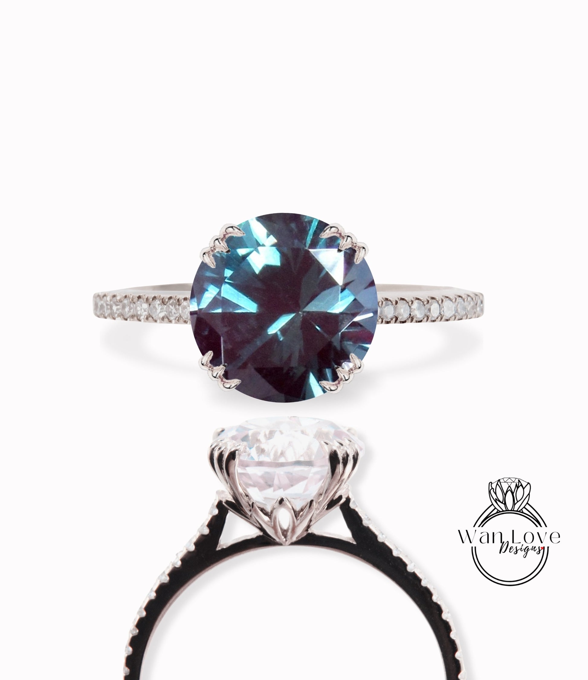 Alexandrite & Diamond Round 3 triple fishtail prongs Engagement Ring, 14k 18k White Yellow Rose Gold-Platinum-Custom-Wedding-Anniversary Wan Love Designs