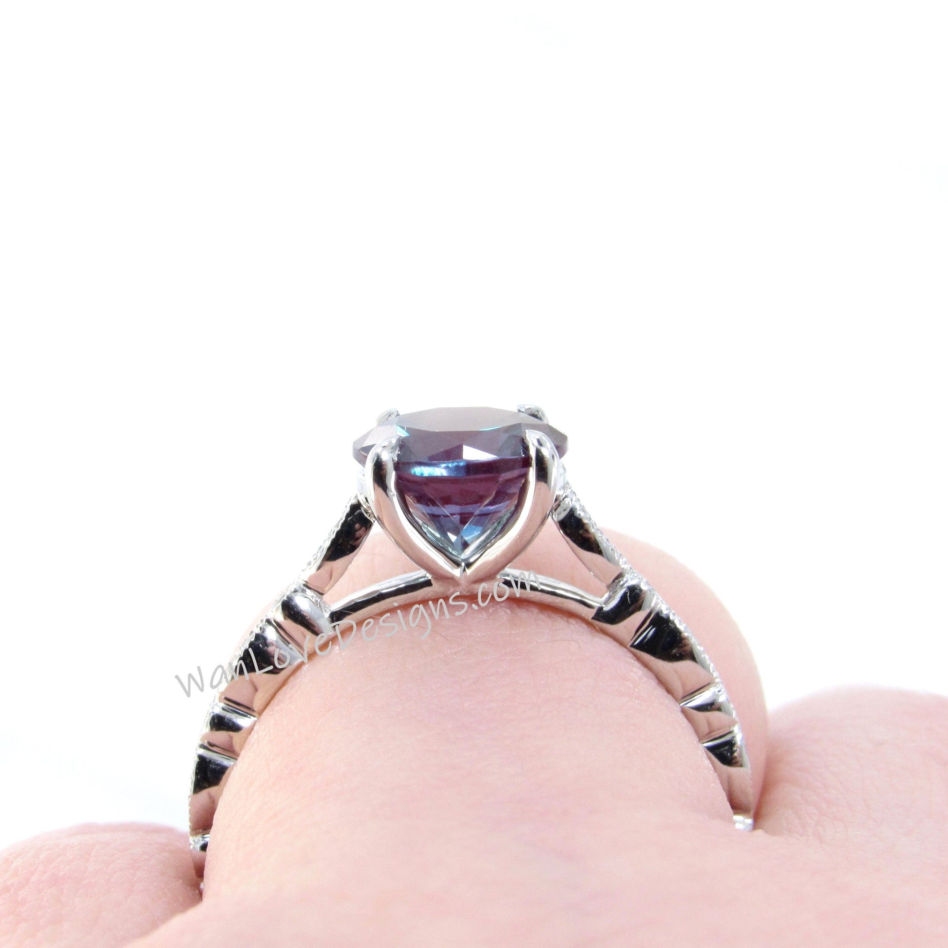 Alexandrite & Diamond Round Engagement Ring, Split Shank, Infinity Twist Ring Custom-14k 18k White Yellow Rose Gold-Platinum Wan Love Designs