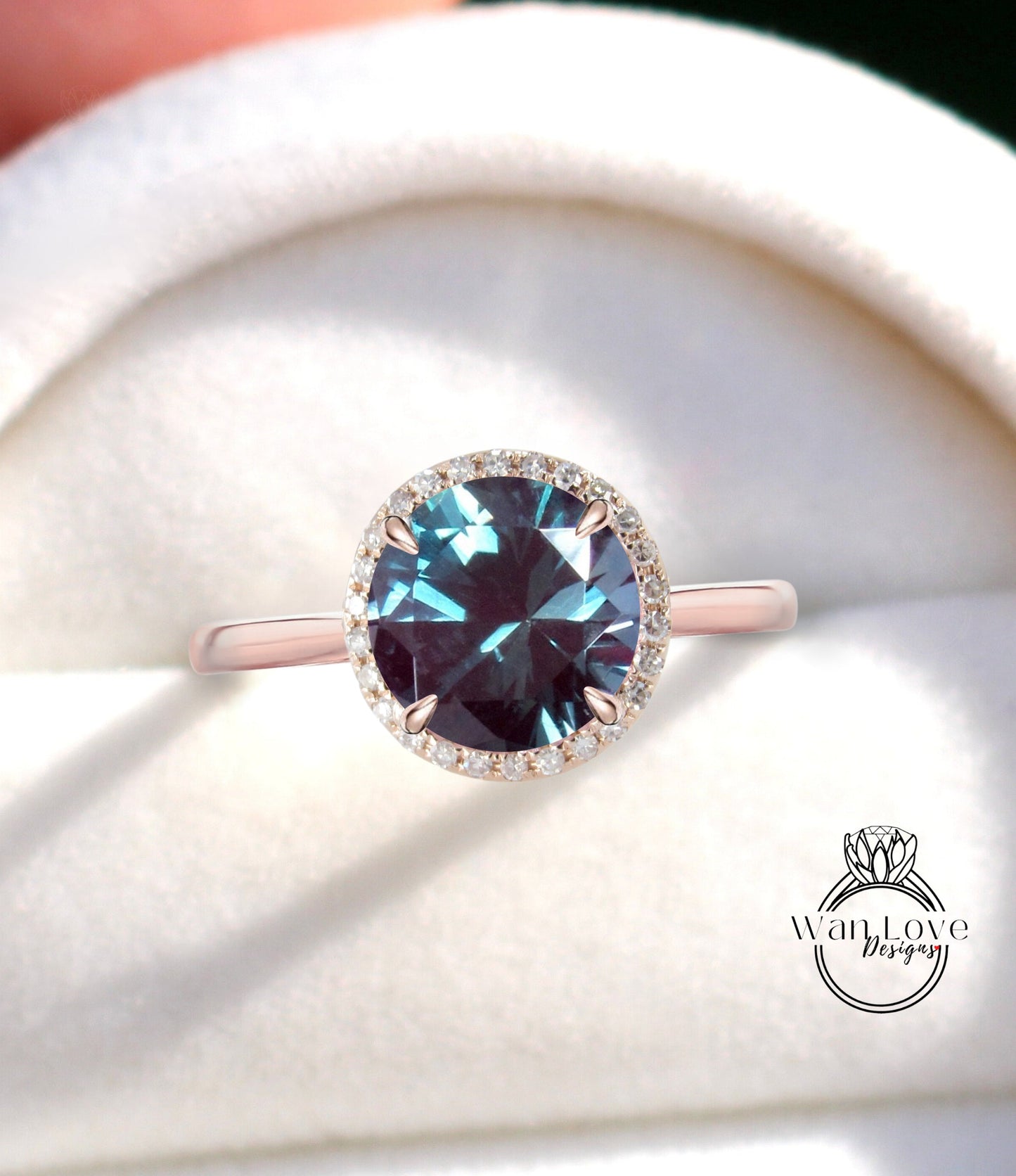 Alexandrite & Diamond Round Halo Plain Shank Engagement Ring  Custom Wedding 14kt 18kt Gold, Platinum, WanLoveDesigns Wan Love Designs