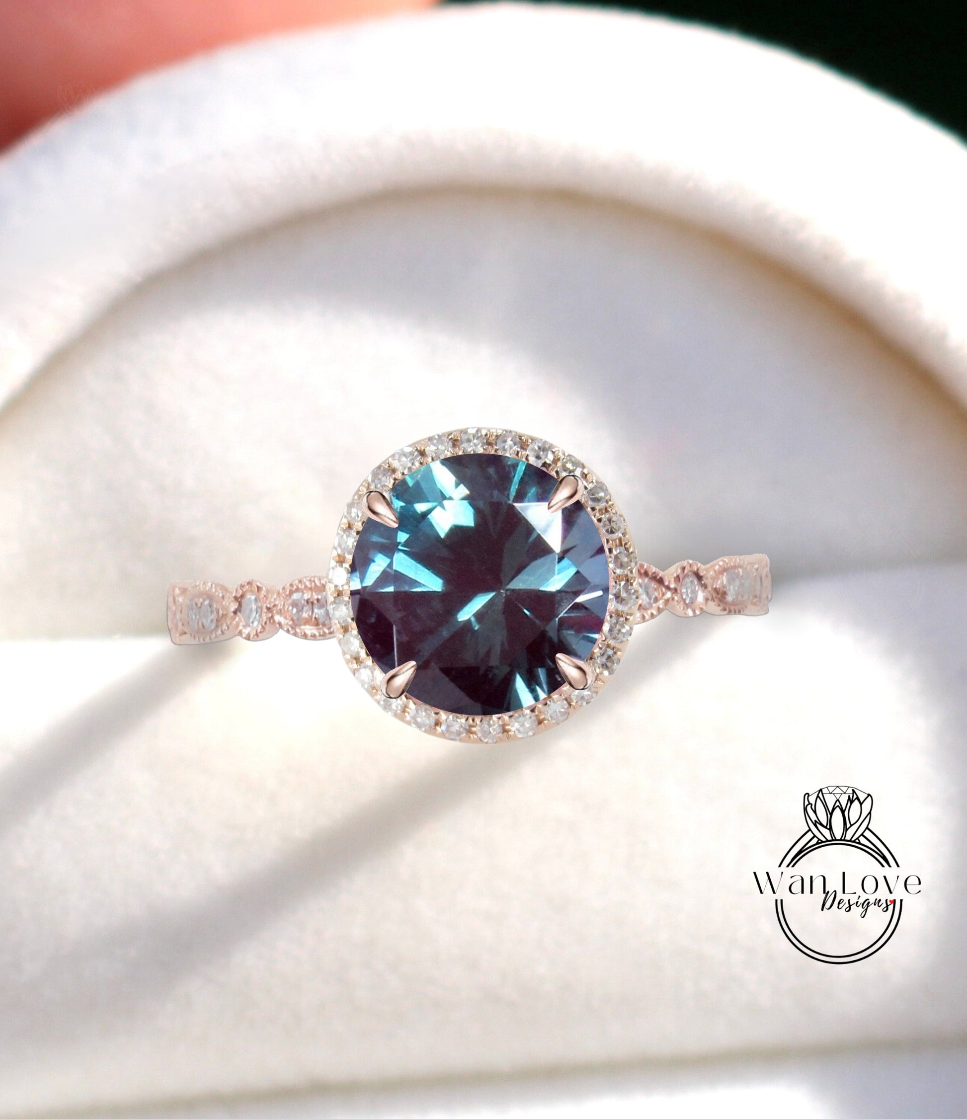 Alexandrite & Diamond Scalloped Engagement Ring, Round Halo Moissanite Ring, Milgrain Vintage Alexandrite Bridal Ring, Custom Wan Love Designs