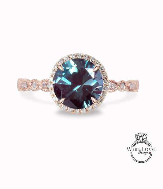 Alexandrite & Diamond Scalloped Engagement Ring, Round Halo Moissanite Ring, Milgrain Vintage Alexandrite Bridal Ring, Custom Wan Love Designs