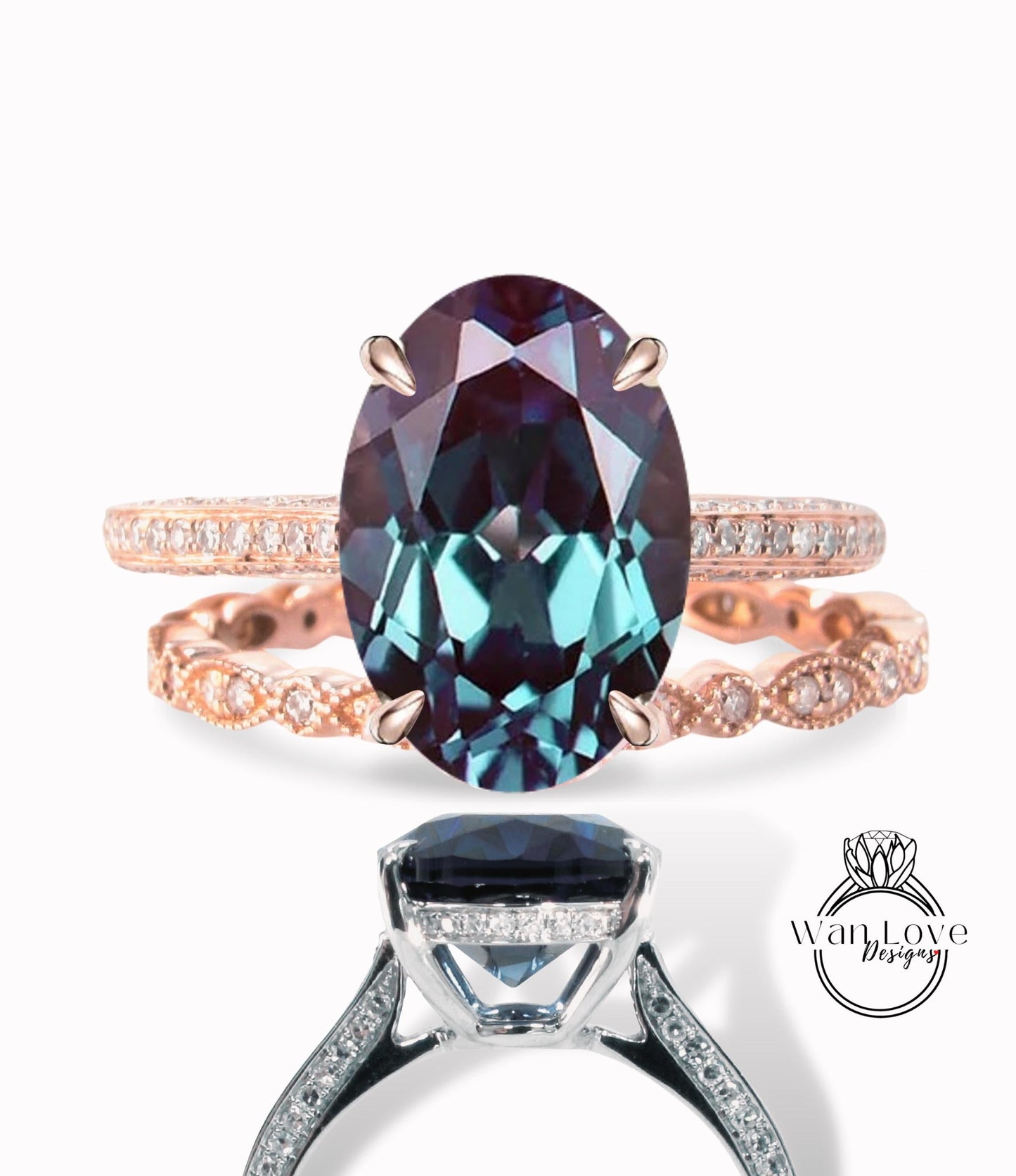 Alexandrite & Diamond Side Halo Oval Engagement Ring Set, Eternity Wedding Band, Custom, 10k 14k 18k White Yellow Rose Gold,Platinum Wan Love Designs