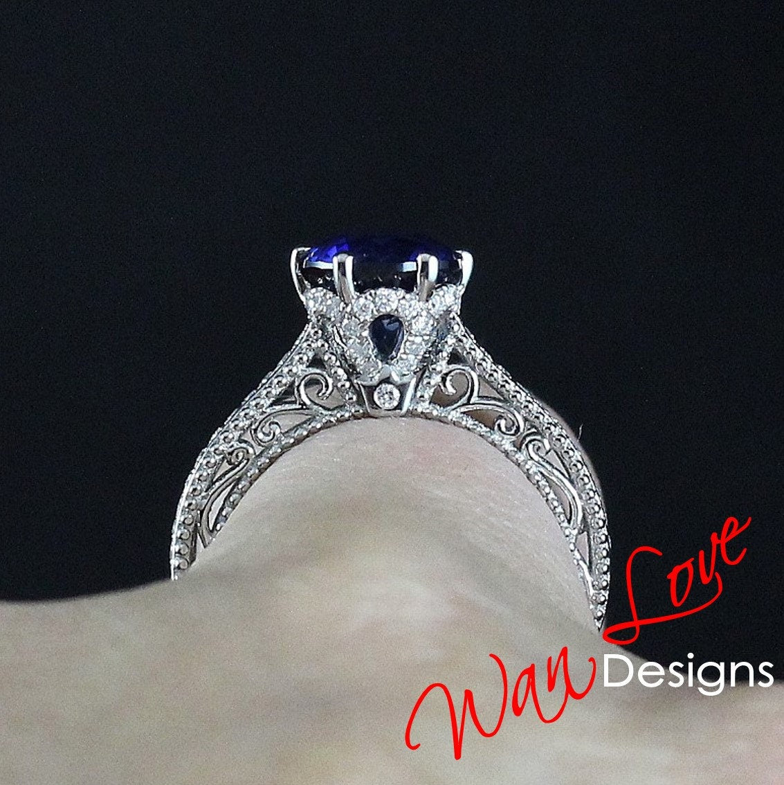 Alexandrite & Diamonds Filigree Milgrain Flower Beaded Engagement Ring Round Custom-14kt 18kt Gold, Platinum, Wedding Wan Love Designs