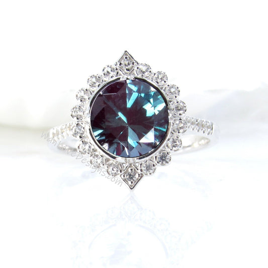 Alexandrite & Diamonds Geometric Halo Engagement Ring, Round, Custom,14k 18k White Yellow Rose Gold-Platinum-Wedding,Anniversary Wan Love Designs