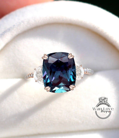 Alexandrite Diamonds & Moissanite Engagement Ring Oval Cushion Half Moon 3 Gem Stone 14k 18k White Yellow Rose Gold,Platinum,Custom Wan Love Designs