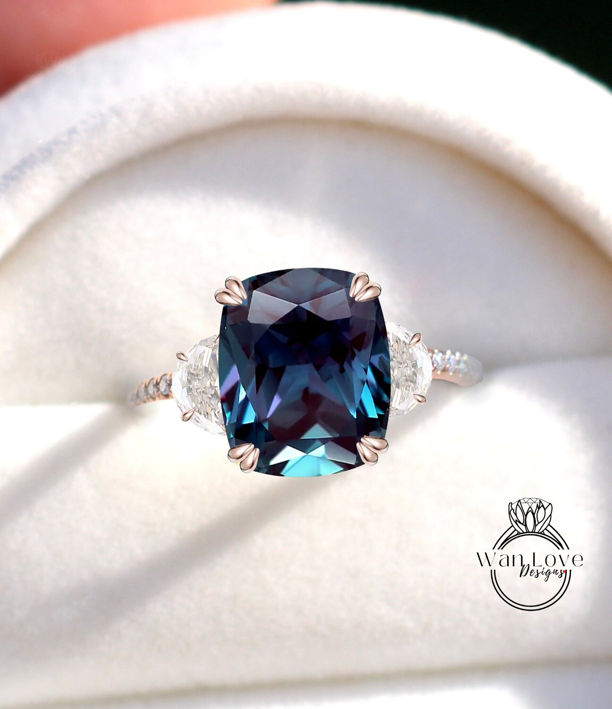 Alexandrite Diamonds & Moissanite Engagement Ring Oval Cushion Half Moon 3 Gem Stone 14k 18k White Yellow Rose Gold,Platinum,Custom Wan Love Designs