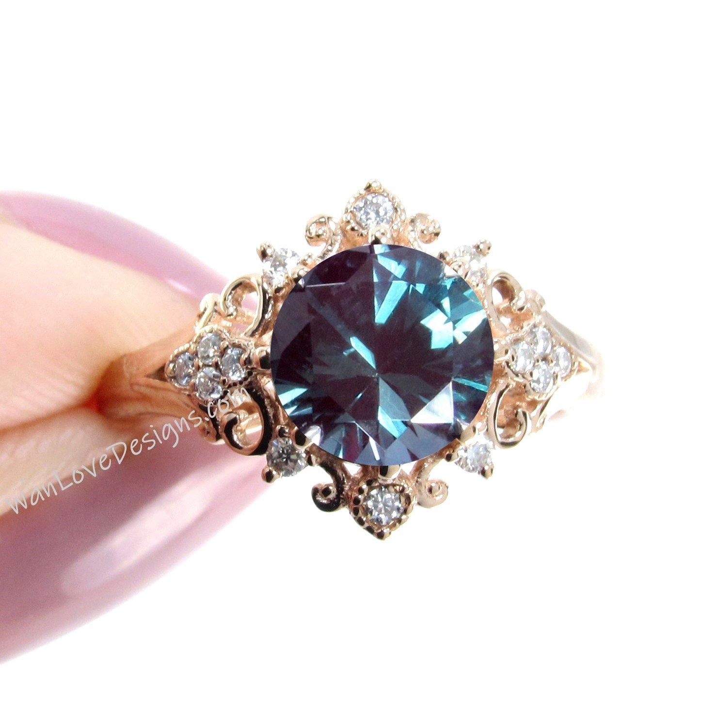 Alexandrite Diamonds Ornate Floral Quatrefoil Engagement Ring Round Custom Wedding Anniversary Gift Wan Love Designs