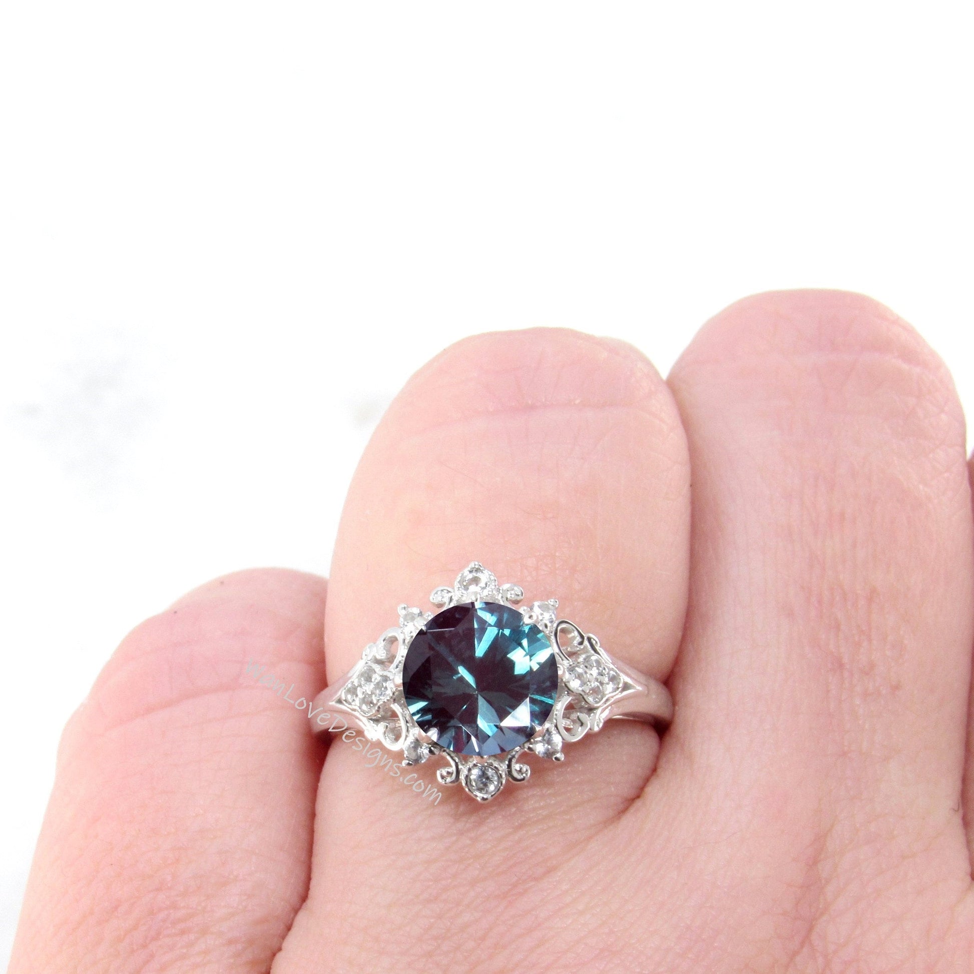 Alexandrite Diamonds Ornate Floral Quatrefoil Engagement Ring Round Custom Wedding Anniversary Gift Wan Love Designs