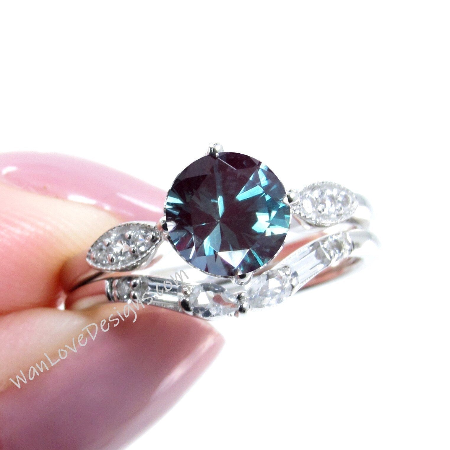 Alexandrite Engagement Ring Set | White gold ring Art deco wedding set | Curved moissanite wedding band bridal set | Anniversary ring Wan Love Designs