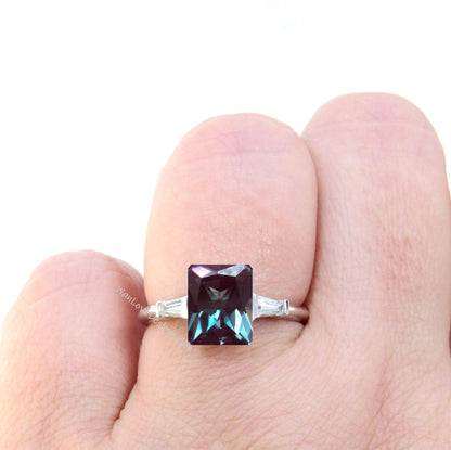 Alexandrite & Moissanite 3 Stone Emerald Baguette Engagement Ring Custom Anniversary Gift 14kt 18kt Gold Platinum Wan Love Designs