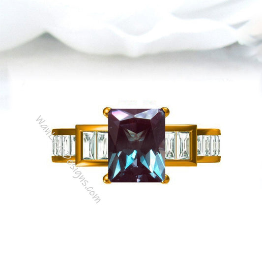 Alexandrite Moissanite Emerald Radiant Baguette Art Deco Engagement Ring 3ct 9x7mm Custom Wedding Anniversary Gift Wan Love Designs
