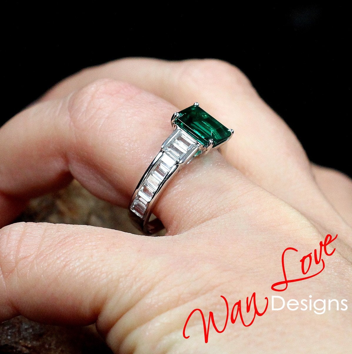 Alexandrite Moissanite Emerald Radiant Baguette Art Deco Engagement Ring 3ct 9x7mm Custom Wedding Anniversary Gift Wan Love Designs