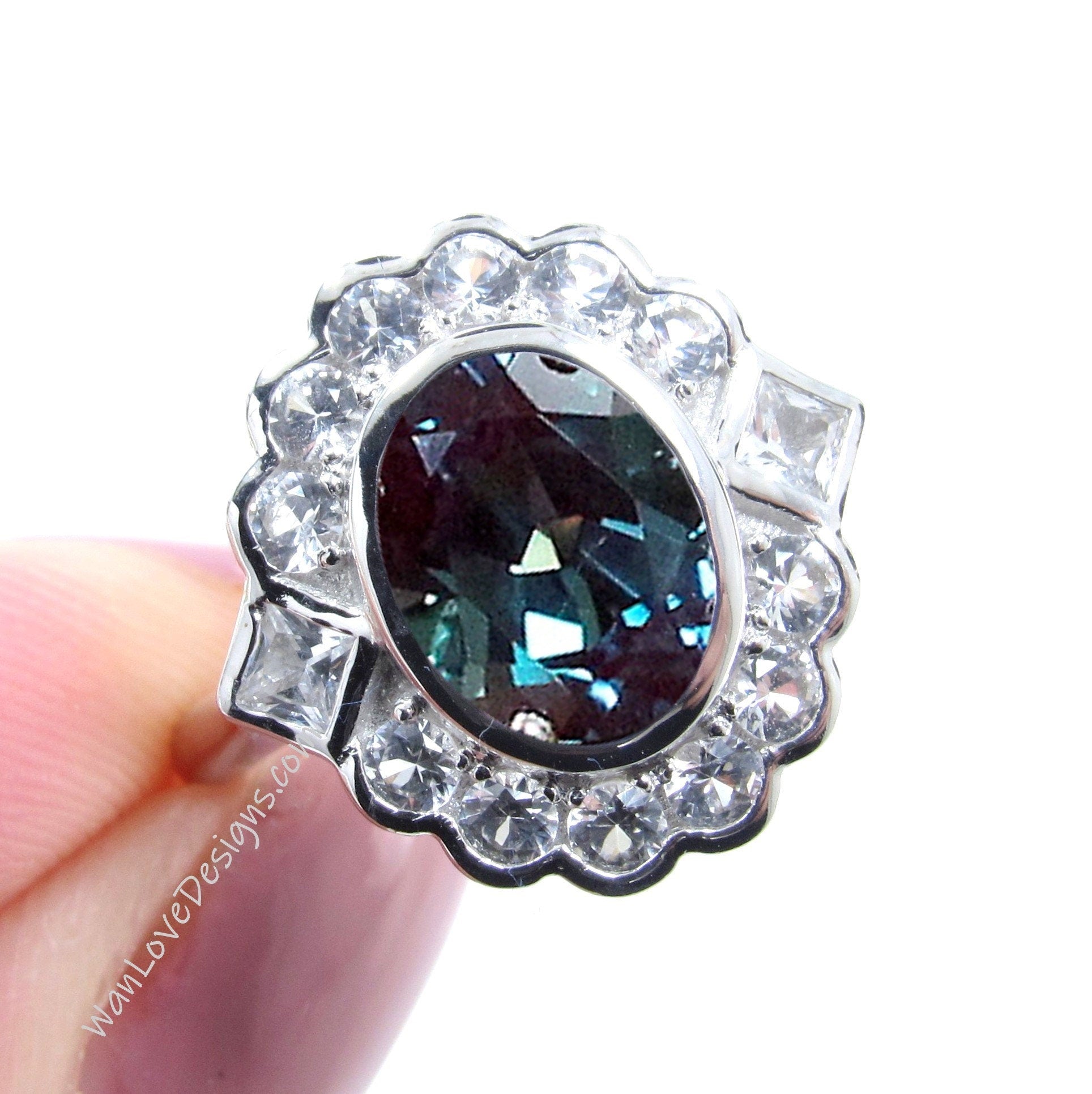 Alexandrite & Moissanite Oval Semi Bezel Cluster Princess Round Halo Engagement Ring Custom Wedding Jewelry Wan Love Designs