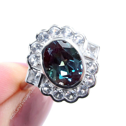 Alexandrite & Moissanite Oval Semi Bezel Cluster Princess Round Halo Engagement Ring Custom Wedding Jewelry Wan Love Designs