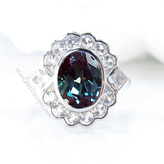 Alexandrite & Moissanite Oval Semi Bezel Cluster Princess Round Halo Engagement Ring Custom Wedding Jewelry Wan Love Designs