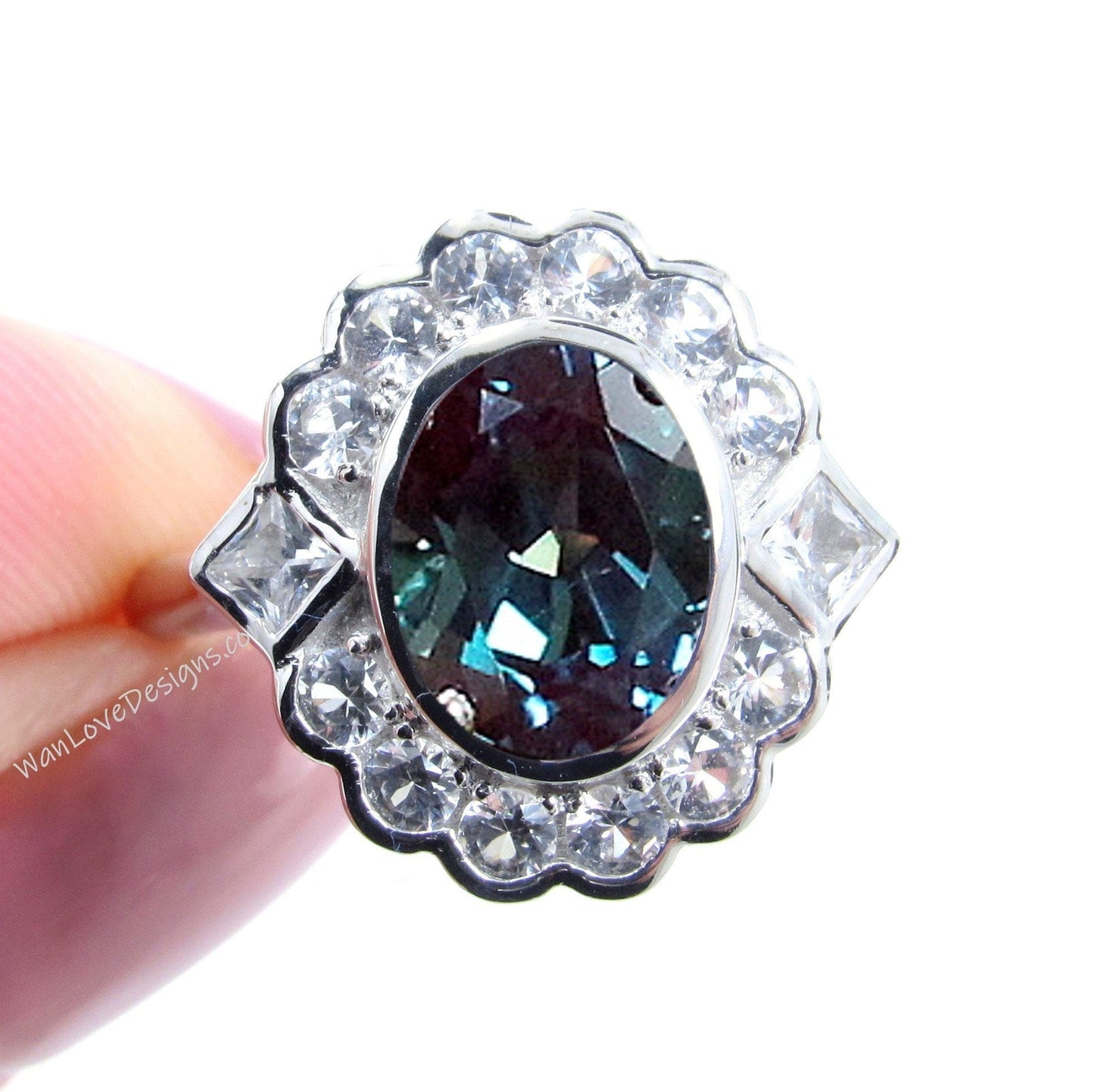 Alexandrite & Moissanite Oval Semi Bezel Cluster Princess Round Halo Engagement Ring Custom Wedding Jewelry Wan Love Designs