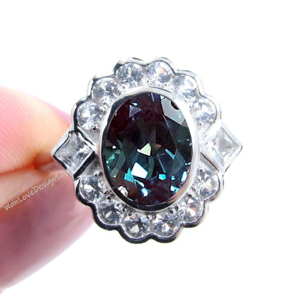 Alexandrite & Moissanite Oval Semi Bezel Cluster Princess Round Halo Engagement Ring Custom Wedding Jewelry Wan Love Designs