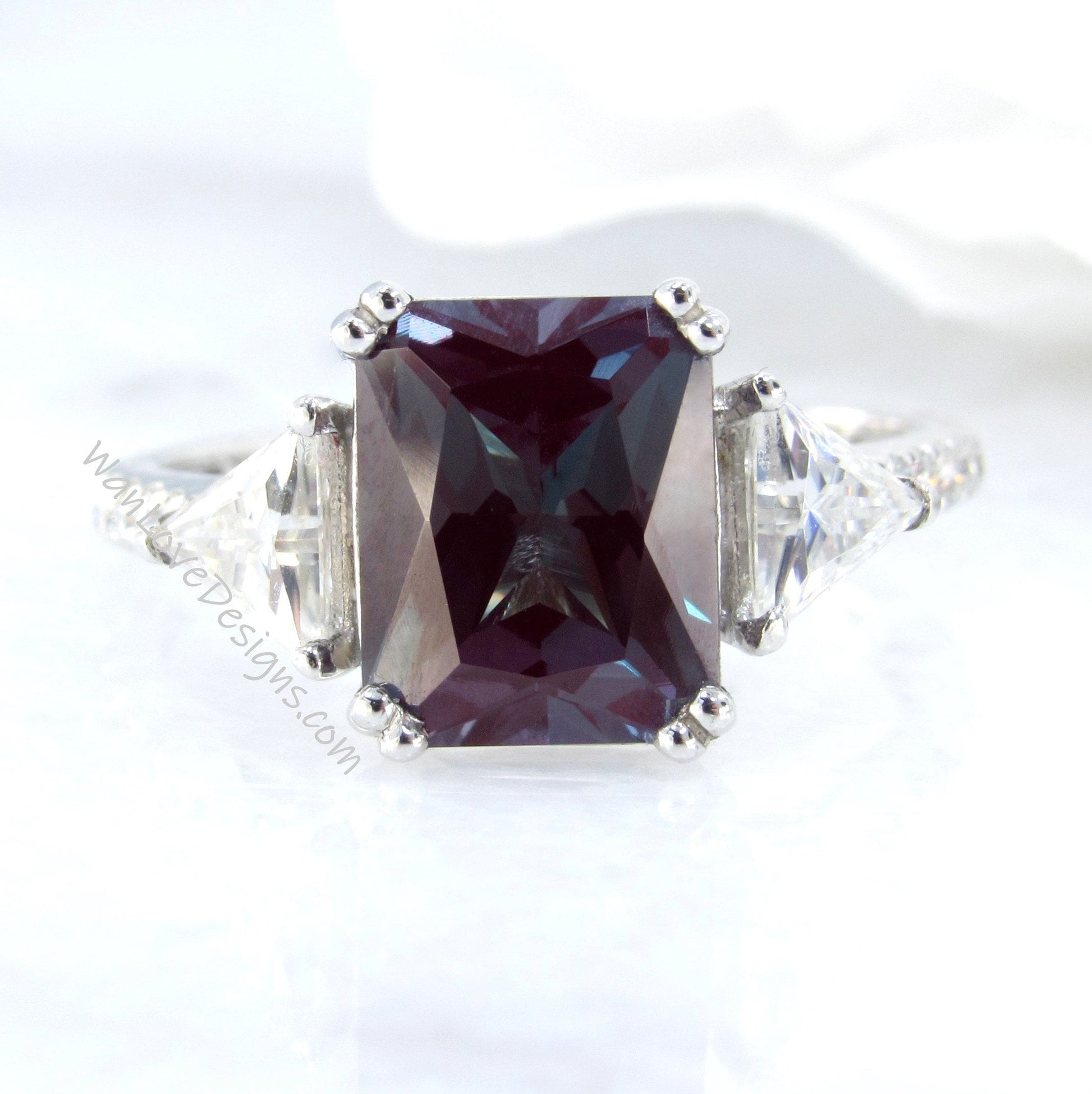 Alexandrite & Moissanite Radiant Triangle Engagement Ring Custom-14k-18k-White Yellow Rose Gold-Platinum-Wedding-Aniversary Gift Wan Love Designs