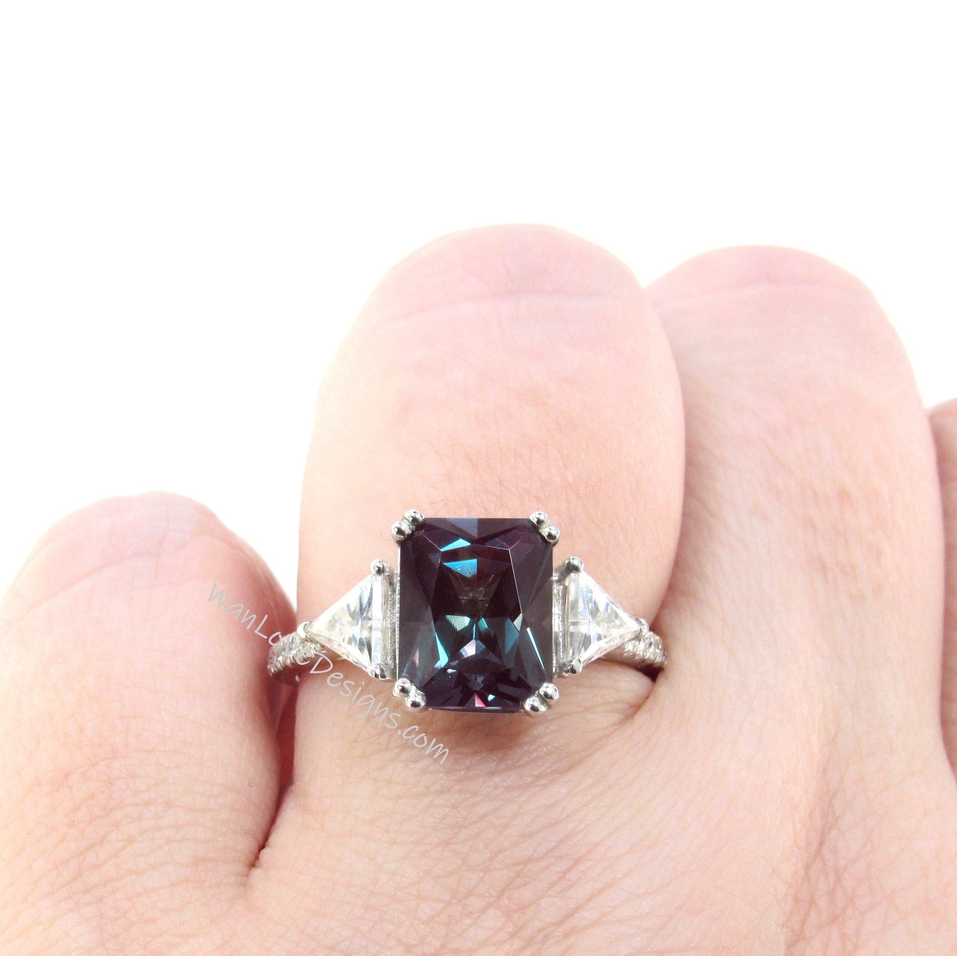 Alexandrite & Moissanite Radiant Triangle Engagement Ring Custom-14k-18k-White Yellow Rose Gold-Platinum-Wedding-Aniversary Gift Wan Love Designs