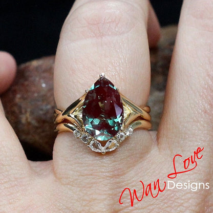 Alexandrite & Moissanite White Sapphire Pear Twist Split Shank Engagement Ring Set, Contoured Wedding Band, Nesting, Curved, Custom Wan Love Designs