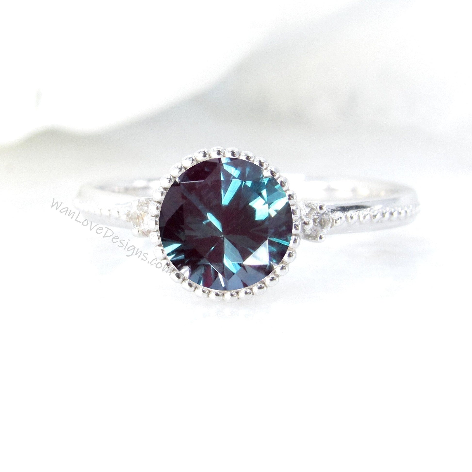 Alexandrite Round Diamond Ring, Round Cut Alexandrite Ring in Milgrain Bezel Setting, 3 Gem Stone Round Engagement Ring Wan Love Designs