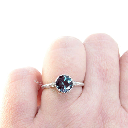 Alexandrite Round Diamond Ring, Round Cut Alexandrite Ring in Milgrain Bezel Setting, 3 Gem Stone Round Engagement Ring Wan Love Designs