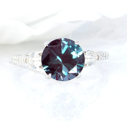 Alexandrite Round Pear Diamond Ring, Three Stone Moissanite Ring, Round color change engagement Ring, Diamond Band Ring Wan Love Designs
