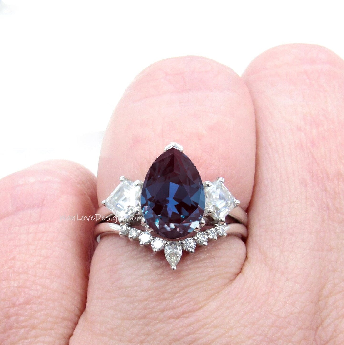 Alexandrite cluster pear kite engagement ring, cluster ring, moissanite ring, moissanite kite ring, unique engagement ring, Anniversary Gift Wan Love Designs