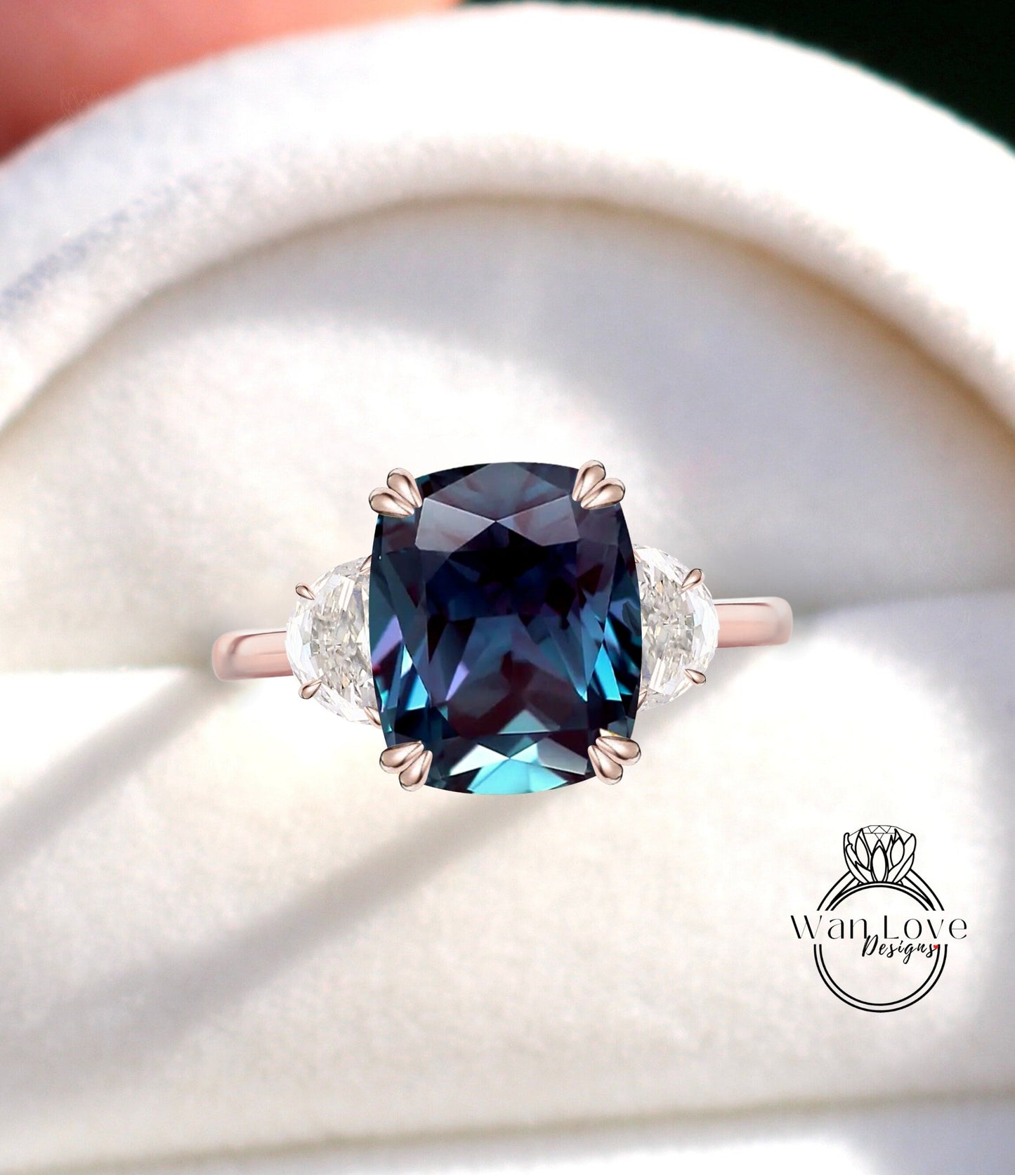 Alexandrite engagement ring cushion cut half moon Moissanite diamond rose gold art deco diamond three stone ring wedding Bridal Anniversary Wan Love Designs