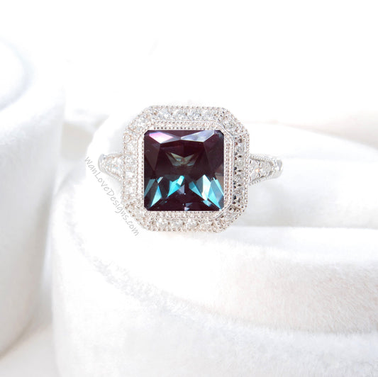 Alexandrite engagement ring gold vintage Art Deco Bezel Halo engagement ring women Antique diamond Wedding Milgrain Bridal Anniversary gift Wan Love Designs