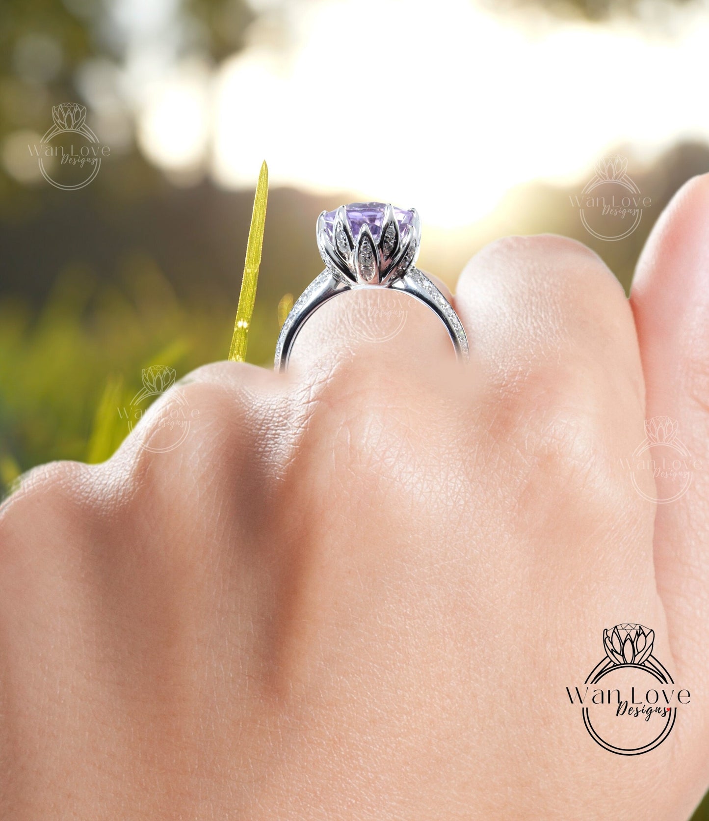 Amethyst & Diamond Lotus Flower Engagement Ring Round 14k 18k White Yellow Rose Gold-Platinum-Custom-Wedding-Anniversary Gift Wan Love Designs