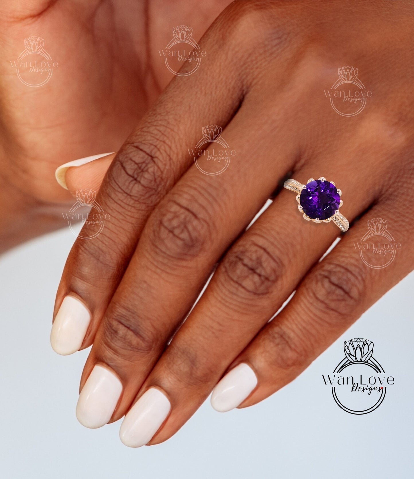 Amethyst & Diamond Lotus Flower Engagement Ring Round 14k 18k White Yellow Rose Gold-Platinum-Custom-Wedding-Anniversary Gift Wan Love Designs