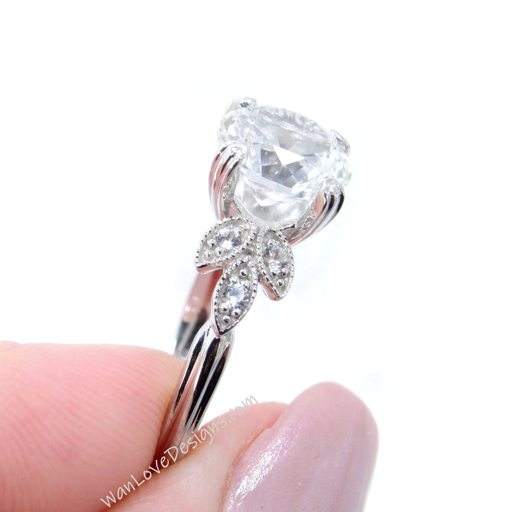 Amethyst Diamond Milgrain Leaf Engagement Ring, Nature Antique Vintage style Round, Custom Wedding, 14k 18k Gold,Platinum,WanLoveDesigns Wan Love Designs