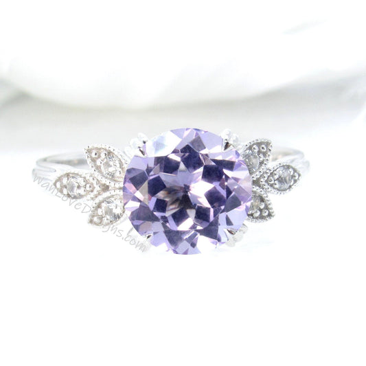 Amethyst Diamond Milgrain Leaf Engagement Ring, Nature Antique Vintage style Round, Custom Wedding, 14k 18k Gold,Platinum,WanLoveDesigns Wan Love Designs
