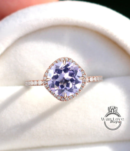 Amethyst Diamond North Kite Cushion Halo Engagement Ring Round Compass prongs 14k 18k White Yellow Rose Gold Platinum Custom Wan Love Designs