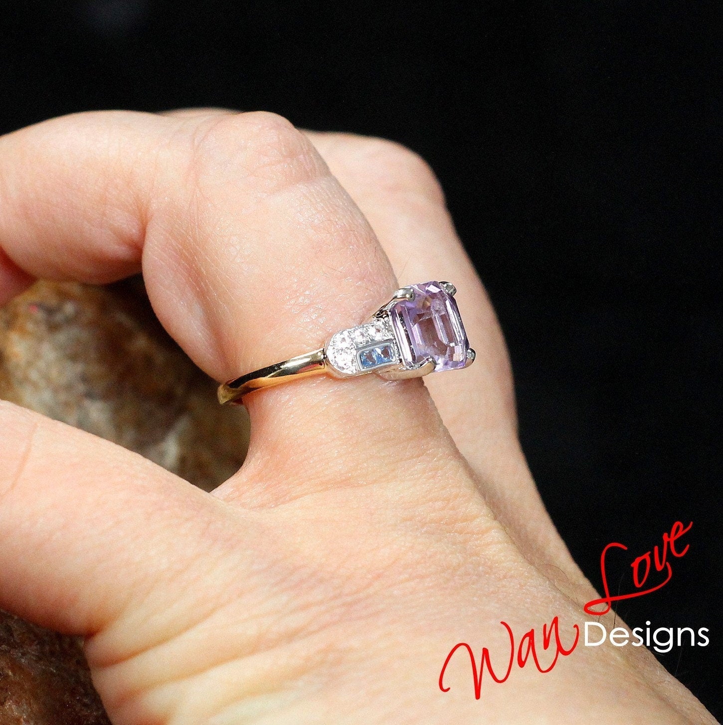 Amethyst White Sapphire Blue Spinel Engagement Ring, 3ct 8mm, Custom, Wedding, Anniversary, 10k 14k 18k White Yellow Rose Gold, Platinum Wan Love Designs